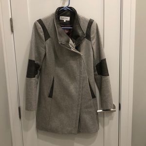 Gray dress coat with leather trim